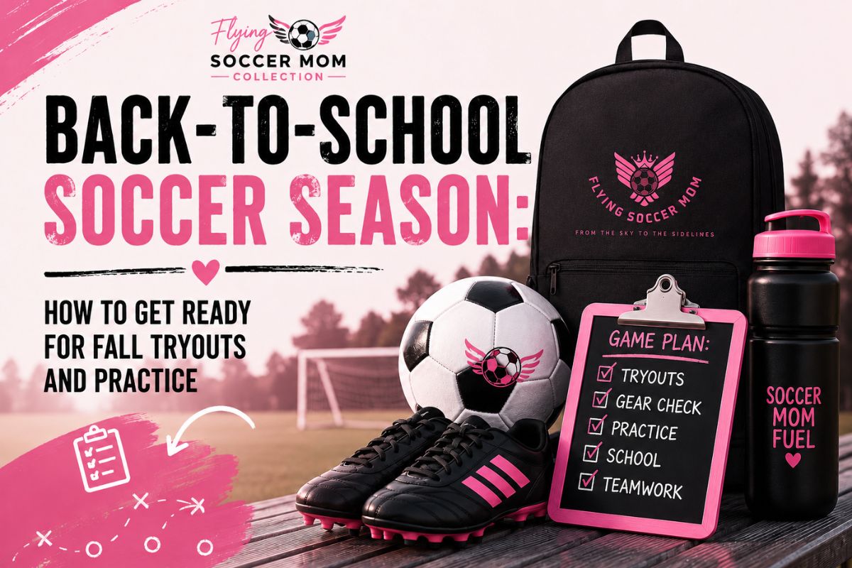 Back-to-school soccer season essentials including soccer backpack, cleats, soccer ball, water bottle, and fall tryout checklist for busy soccer moms preparing for practice.