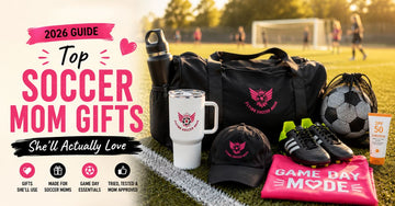 Best soccer mom gifts displayed on a sunny soccer field including a Flying Soccer Mom duffel bag, insulated tumbler, hat, cleats, sunscreen, and game day essentials for tournament weekends.