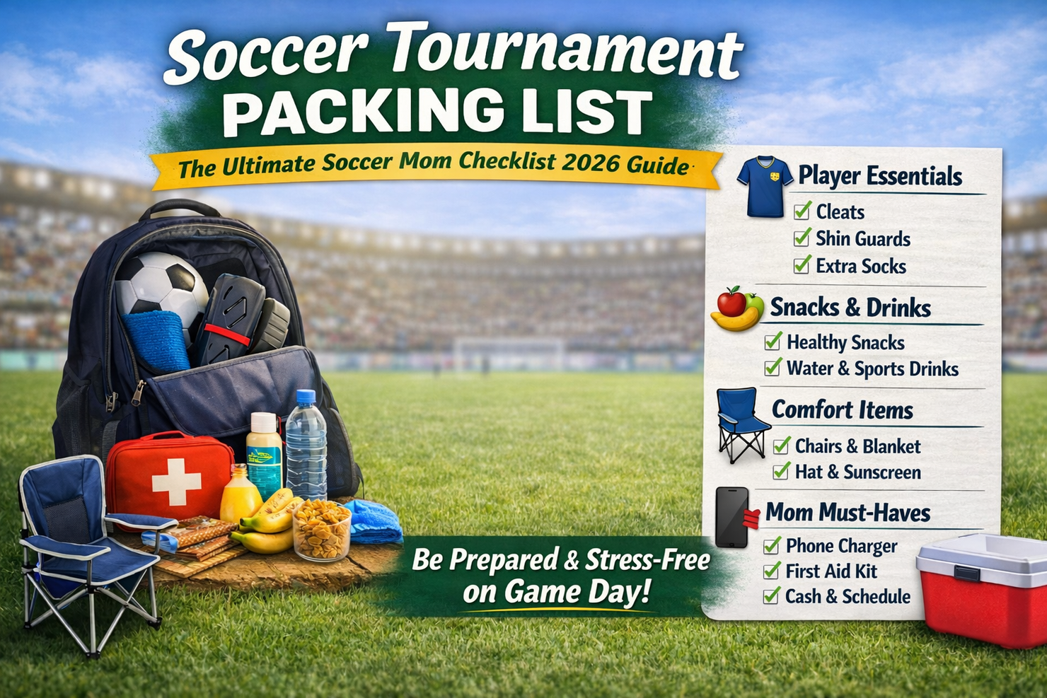 Soccer tournament packing list with bag, snacks, gear and essentials for soccer moms