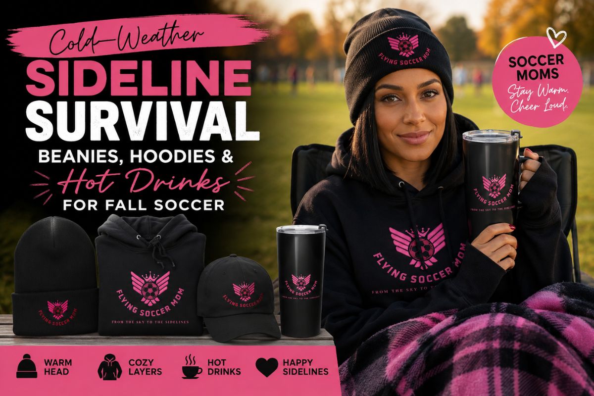 Flying Soccer Mom cold-weather sideline essentials featuring a black beanie, hoodie, hat, and tumbler for fall soccer games