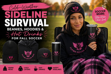 Flying Soccer Mom cold-weather sideline essentials featuring a black beanie, hoodie, hat, and tumbler for fall soccer games