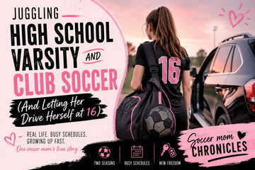 Teen soccer player balancing high school varsity and club soccer while carrying a soccer bag beside her car