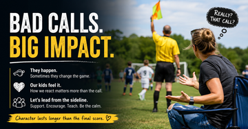 Bad referee calls in youth soccer during a competitive game as a soccer mom reacts from the sidelines.