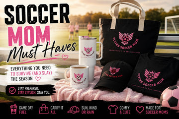 Soccer mom must haves including a Flying Soccer Mom hat, tote bag, tumbler, coffee mug, and T-shirt displayed on a soccer field bench for game day essentials.