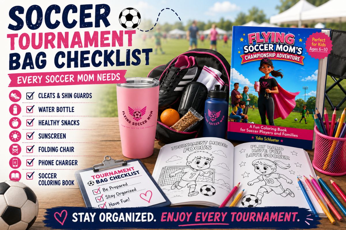 Soccer tournament bag checklist with soccer backpack, cleats, water bottle, coloring book, and tournament essentials for soccer moms and young players.