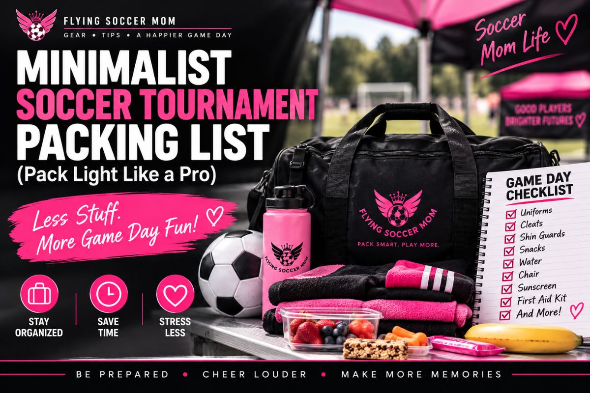 Soccer tournament packing list with bag, snacks, gear and essentials for soccer moms.