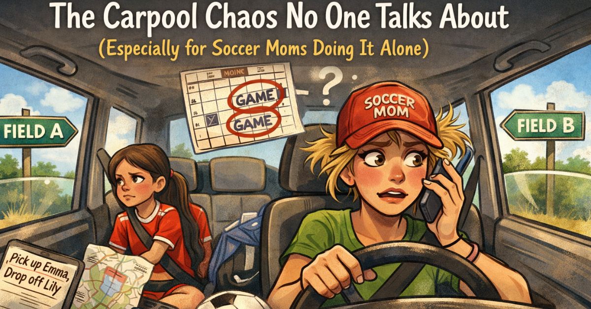 Soccer mom carpool chaos with kids in the car juggling multiple games and busy youth sports schedule