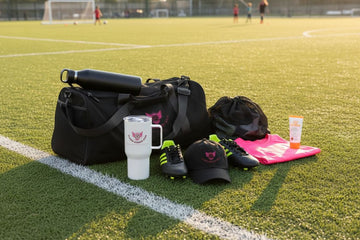 Soccer mom game day essentials checklist with tumbler, duffel bag, insulated water bottle, and tournament gear