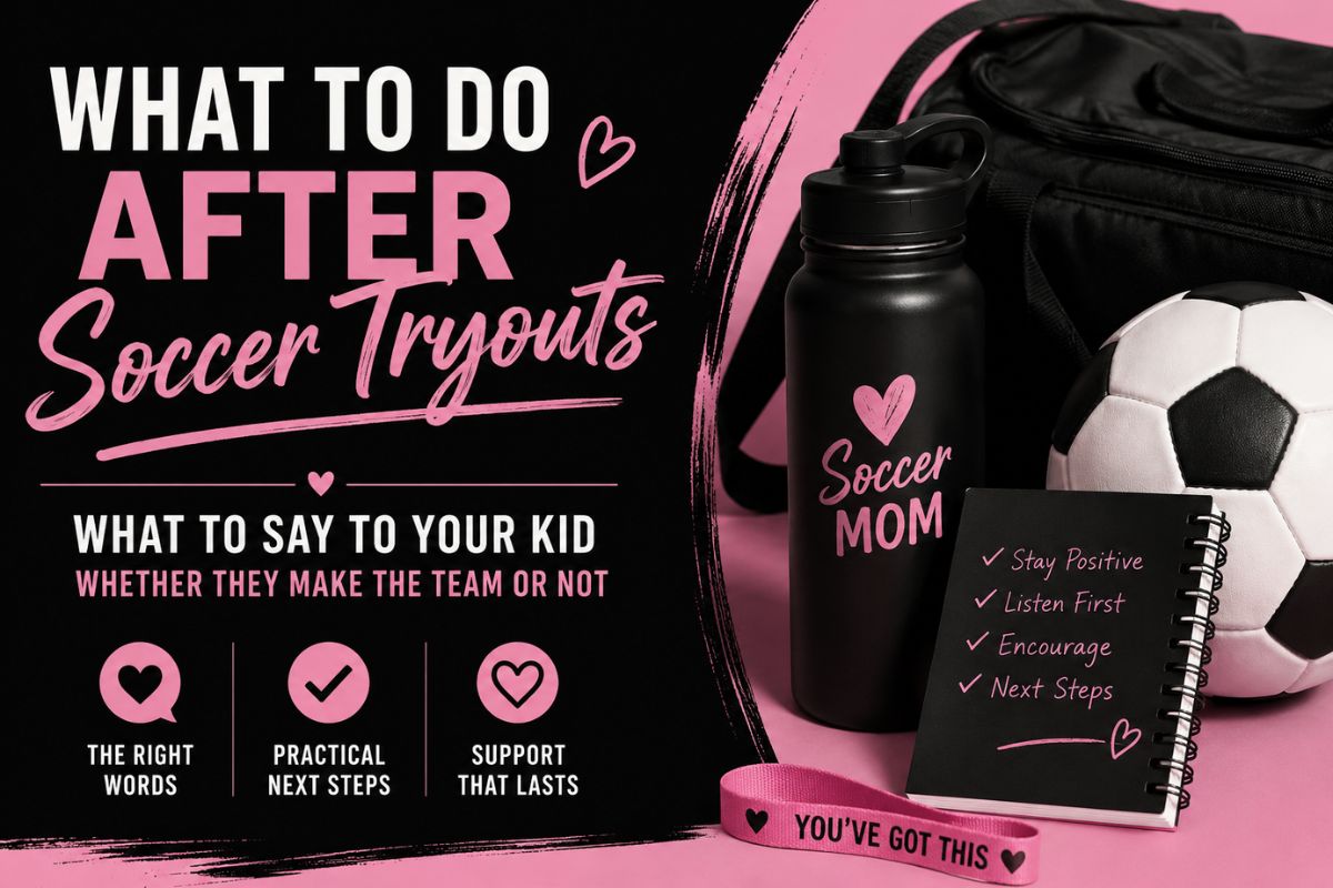 Soccer mom with black and pink soccer gear and a checklist showing what to do and say after soccer tryouts, whether a child makes the team or not.