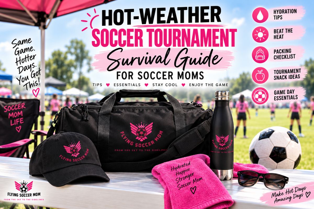 Hot weather soccer tournament survival guide for soccer moms with hydration tips, cooling essentials, and Flying Soccer Mom gear