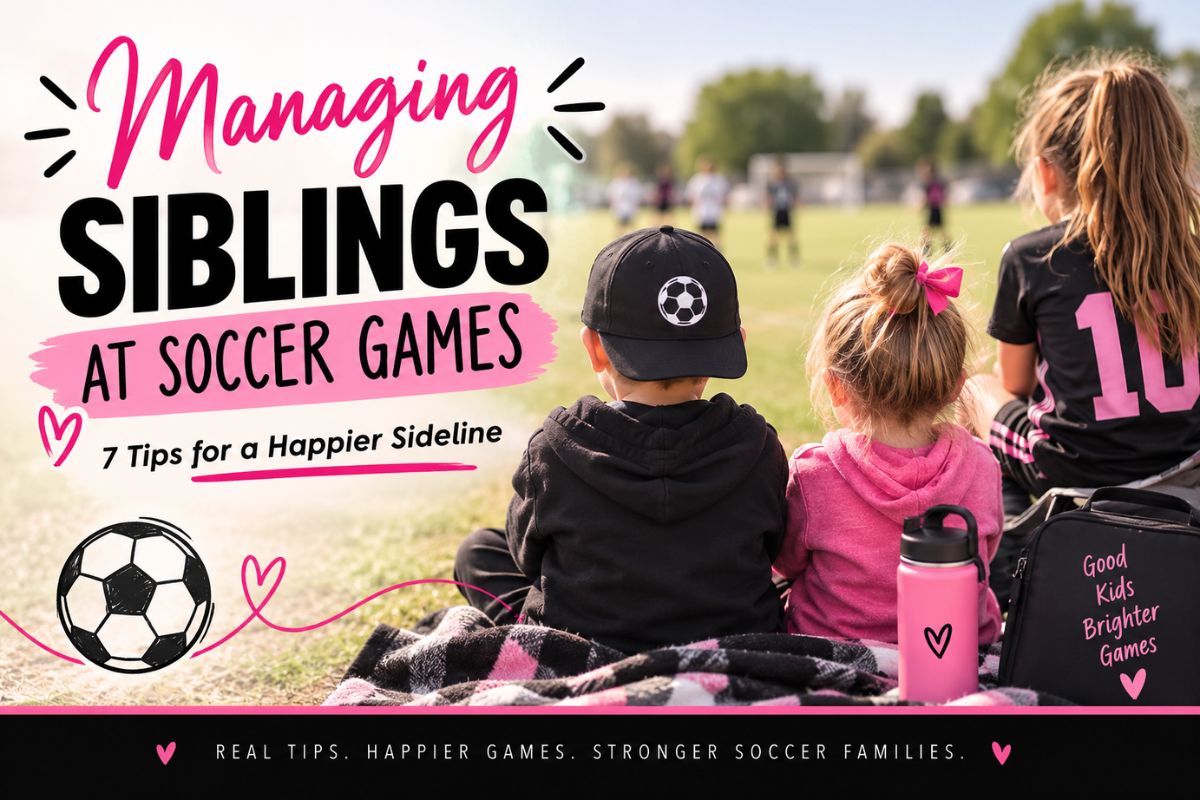 Managing siblings at soccer games with children watching from the sideline, featuring pink and black soccer-themed graphics and tips for a happier sideline.