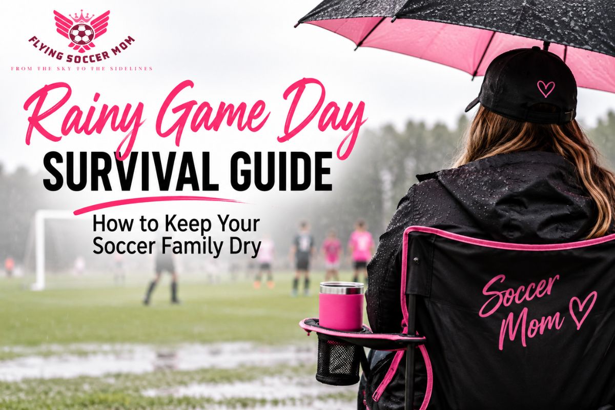 Soccer mom watching a rainy game from the sidelines under a black and pink umbrella, with a wet soccer field in the background and the Flying Soccer Mom logo and rainy game day survival guide title.