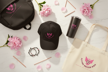 Best soccer mom gifts featuring a game day hat, insulated tumbler, organic cotton tote bag, and backpack for tournament weekends