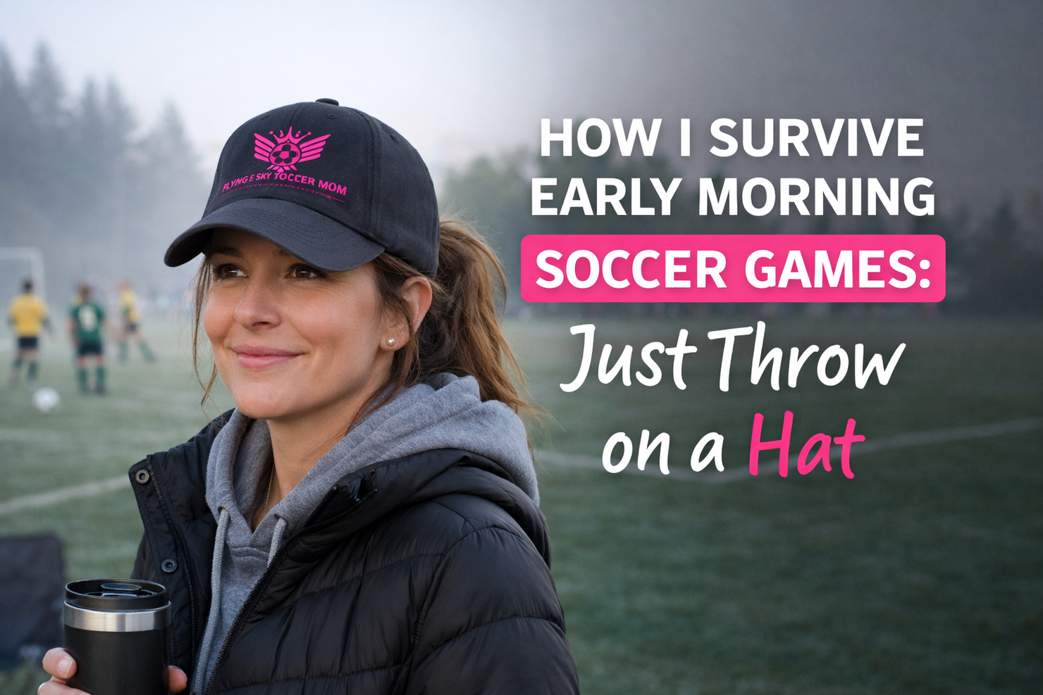 Soccer mom wearing black hat at early morning game to hide messy hair and stay warm on sidelines