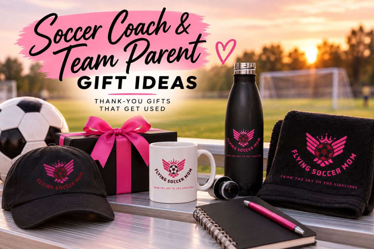 Soccer coach and team parent gift ideas featuring a Flying Soccer Mom hat, mug, water bottle, and towel in black and pink