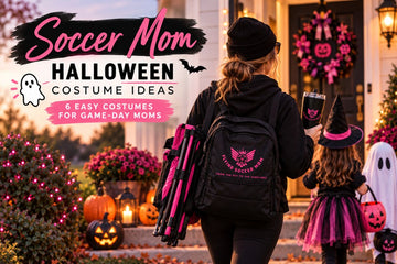 Soccer mom carrying a folded chair and Flying Soccer Mom backpack while trick-or-treating with children on Halloween
