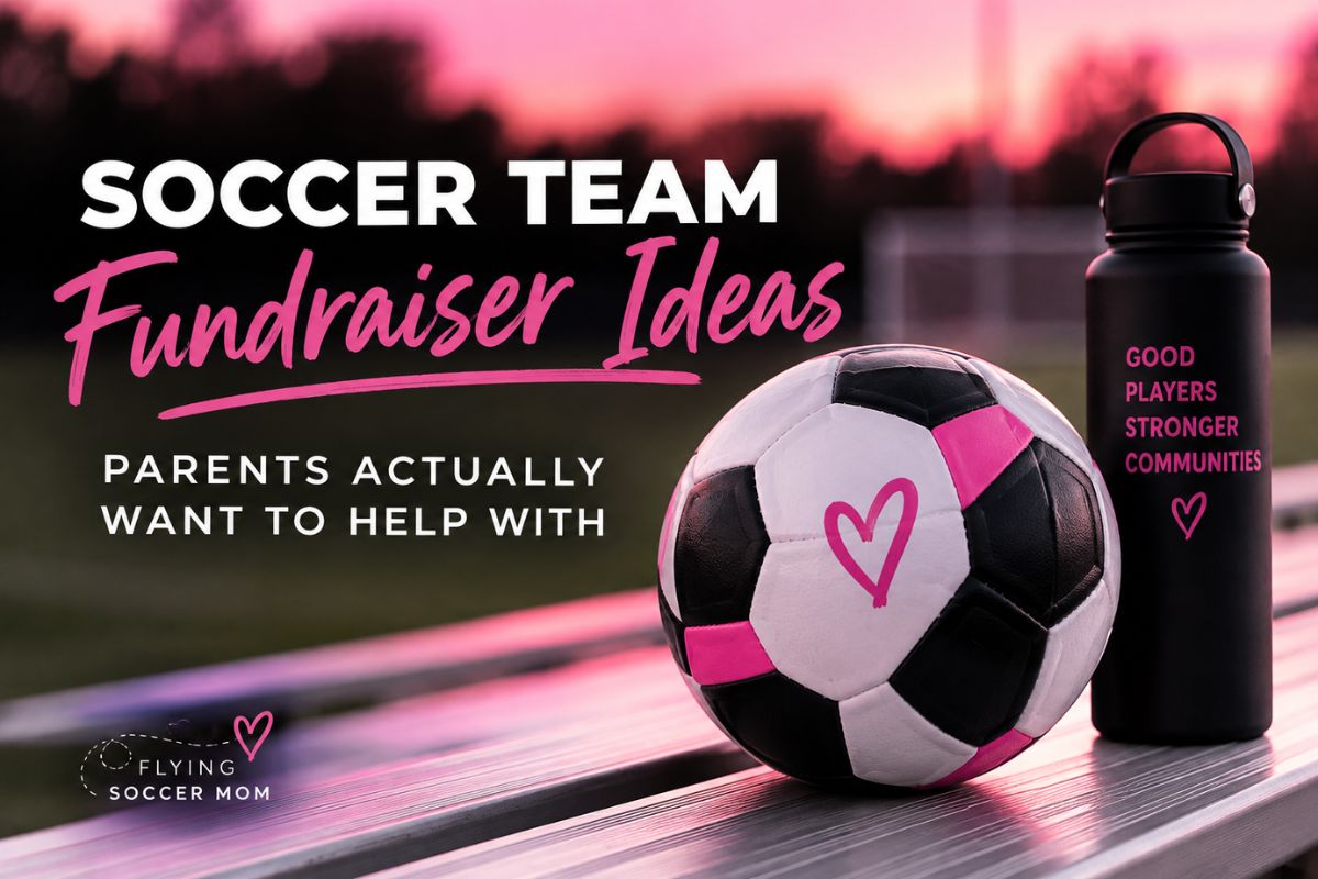Soccer team fundraiser ideas with a soccer ball and black water bottle on a soccer field in pink and black