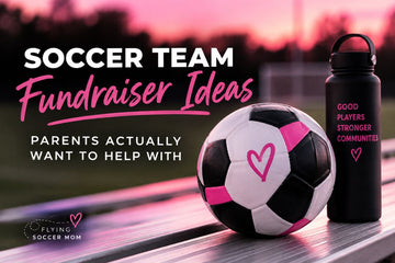 Soccer team fundraiser ideas with a soccer ball and black water bottle on a soccer field in pink and black