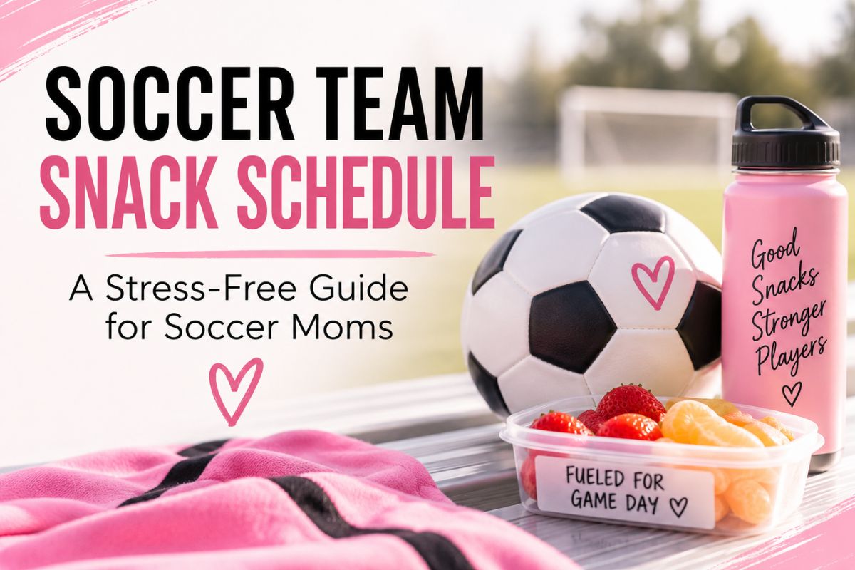 Soccer team snack schedule guide for soccer moms, featuring a soccer ball, pink water bottle, healthy fruit snacks, and a pink-and-black soccer towel on the sidelines.