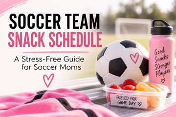 Soccer team snack schedule guide for soccer moms, featuring a soccer ball, pink water bottle, healthy fruit snacks, and a pink-and-black soccer towel on the sidelines.