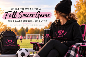 Flying Soccer Mom wearing a black hoodie and beanie at a fall soccer game with branded tumbler and backpack