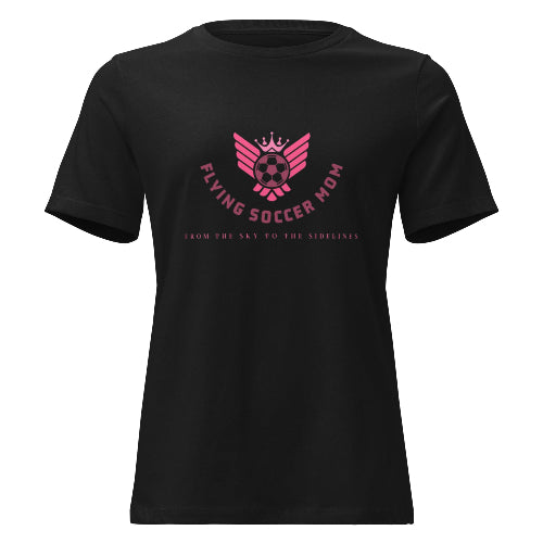 Flying Soccer Mom relaxed fit game day tee in white worn by a woman at a soccer field