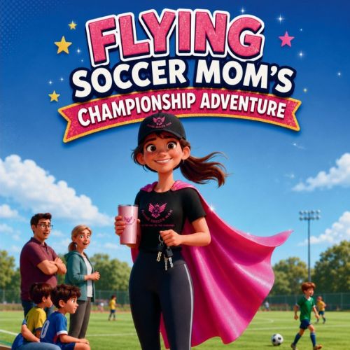 FLYING SOCCER MOM'S CHAMPIONSHIP ADVENTURE' above a cartoon woman in a black cap and black outfit with a bright pink cape, standing on a soccer field and holding a pink cup. Other people and a soccer ball appear in the background.