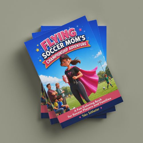 Coloring book titled 'Flying Soccer Mom's Championship Adventure' on a gray background