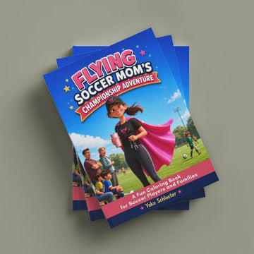 Coloring book titled 'Flying Soccer Mom's Championship Adventure' on a gray background