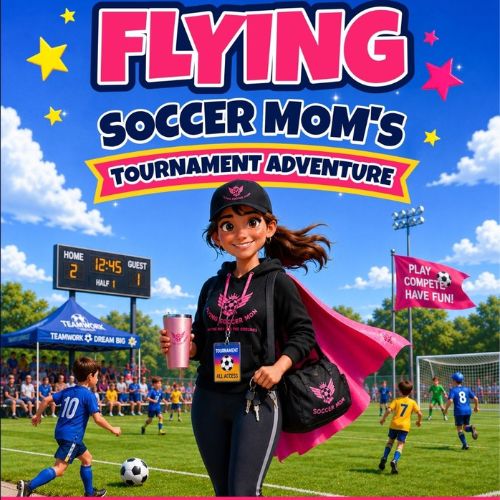 FLYING SOCCER MOM'S TOURNAMENT ADVENTURE' over a soccer field scene. A cartoon-style woman in a black hoodie and cap with a pink cape stands in the foreground, holding a pink cup and a black bag, while other soccer players and a stadium background appear behind her.