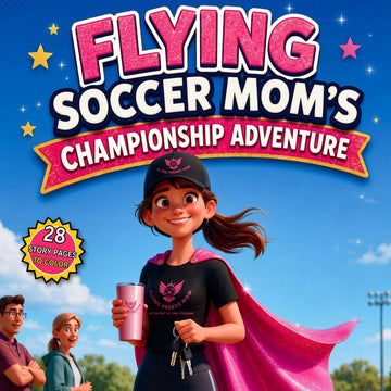 Front cover of a children's coloring book titled "Flying Soccer Mom's Championship Adventure." The cover shows an illustrated woman in soccer gear with a pink cape on a soccer field, with family figures and a crowd in the background.