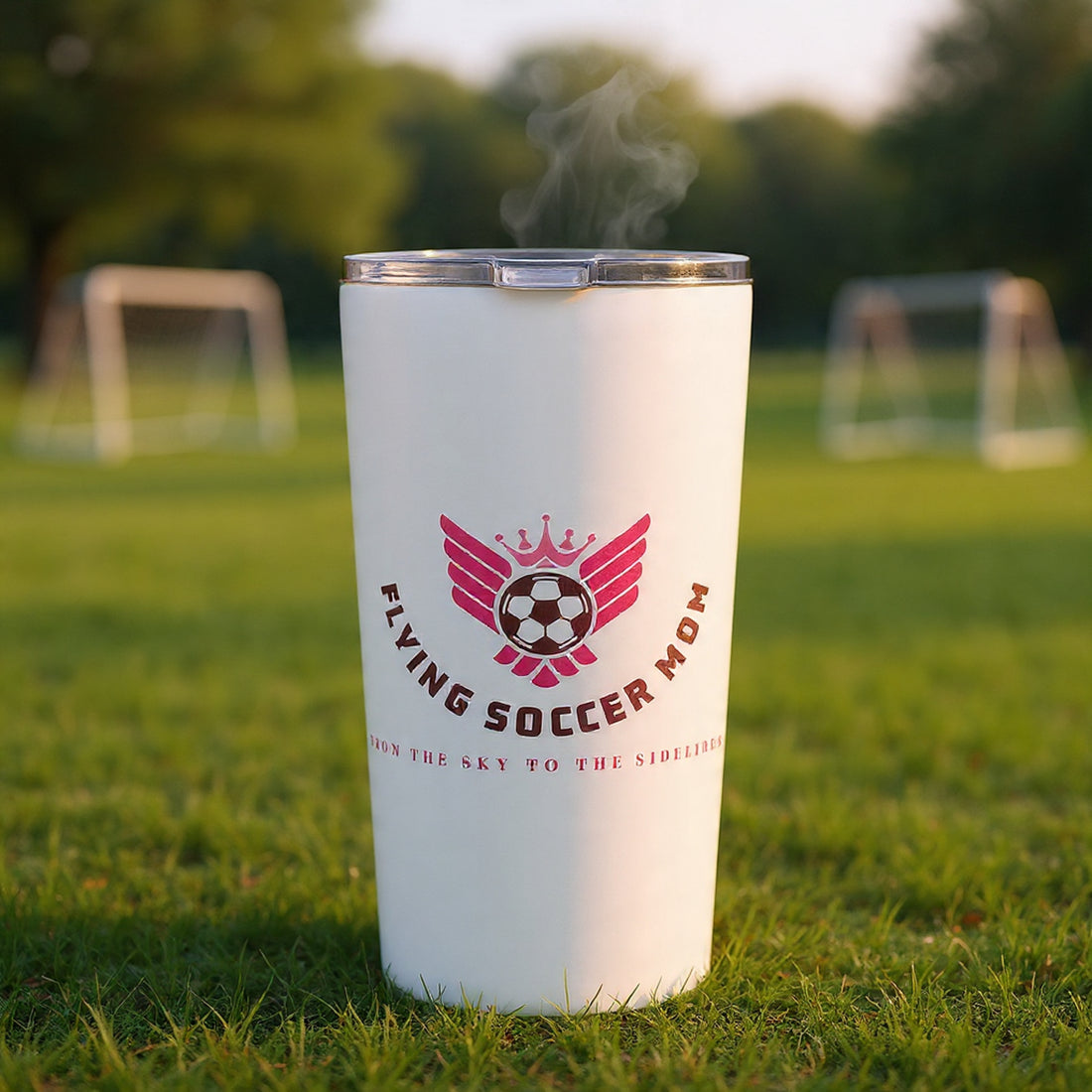 White 20oz insulated stainless steel Soccer Mom tumbler with pink Flying Soccer Mom logo on soccer field at sunrise, steam rising from lid
