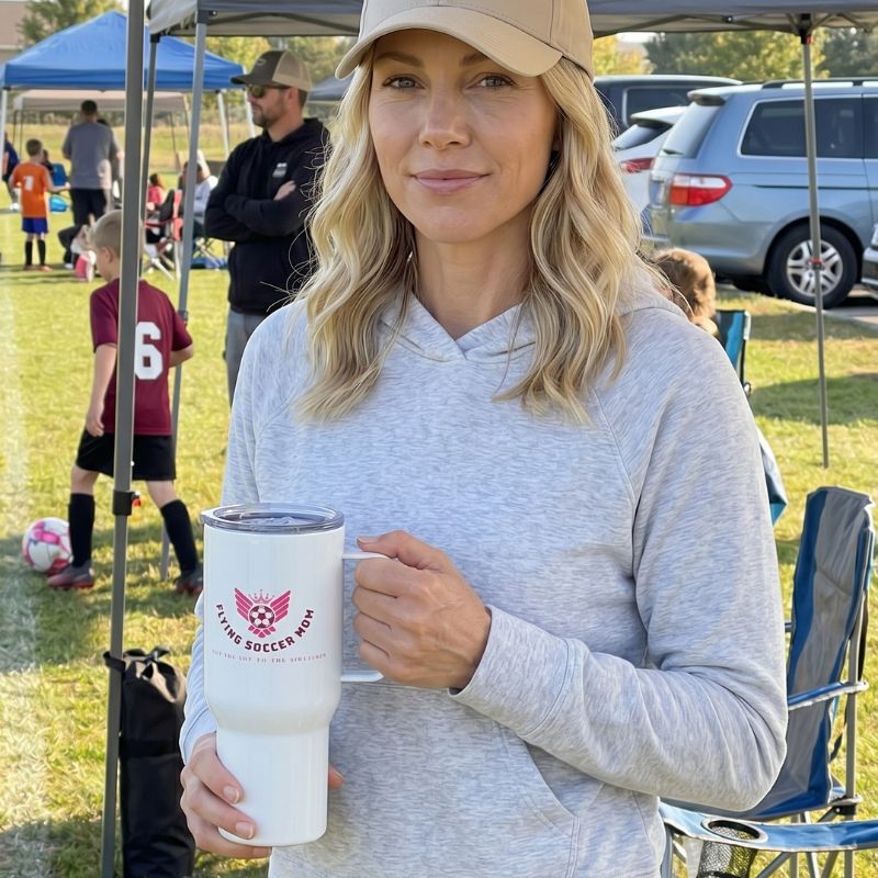 Soccer mom tumbler with handle, insulated stainless steel travel cup for soccer tournaments and early morning games.