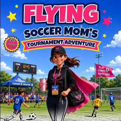 Flying Soccer Mom's Tournament Adventure soccer coloring book cover with a smiling soccer mom in a pink cape at a youth game.