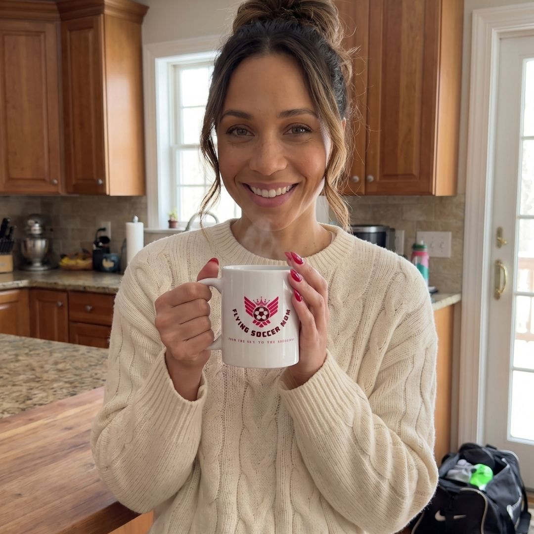 Soccer mom holding a soccer mom mug with a logo in a kitchen