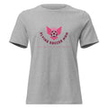 Flying Soccer Mom relaxed fit game day tee in heather stone with pink winged soccer ball graphic