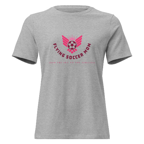 Flying Soccer Mom relaxed fit game day tee in heather stone with pink winged soccer ball graphic