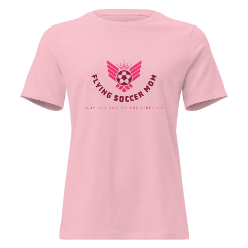 Flying Soccer Mom relaxed fit game day tee in pink with rose winged soccer ball graphic