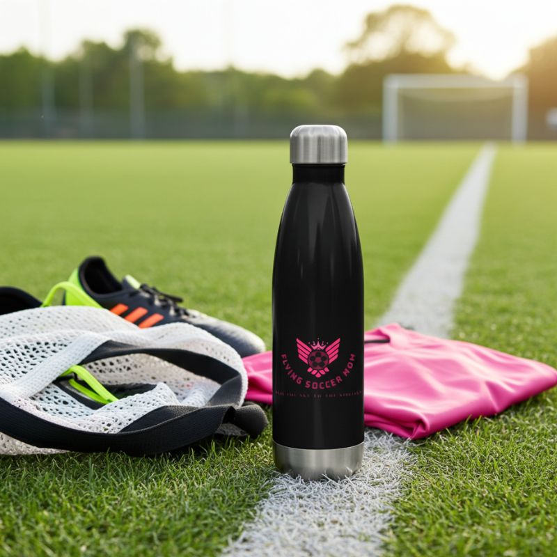 Black soccer mom water bottle with pink logo on a soccer field with shoes and a towel.
