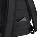 Back of Soccer Mom Backpack Close-up of a black back with a pocket on a white background