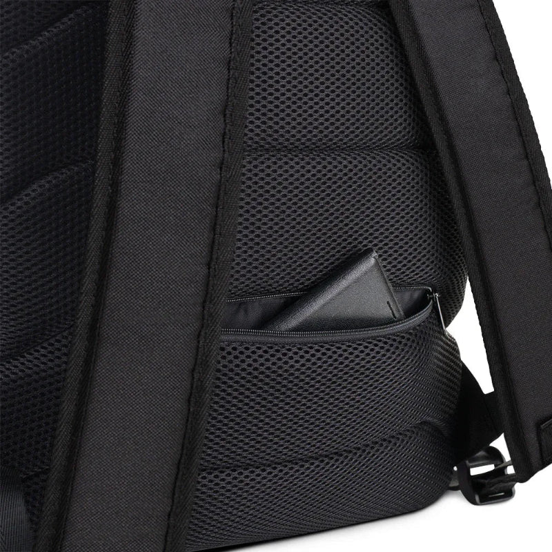 Back of Soccer Mom Backpack Close-up of a black back with a pocket on a white background