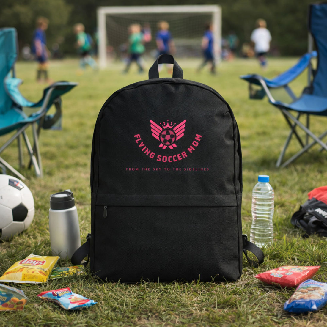 Flying Soccer Mom Backpack Black pocket
