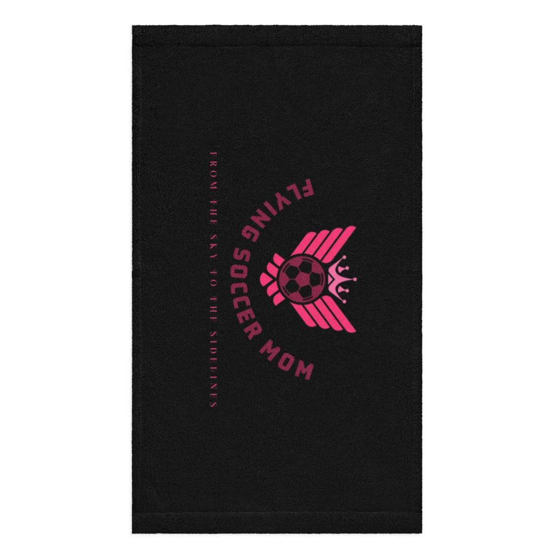 Black Soccer Mom Game Day Towel with a soccer ball on a grass field
