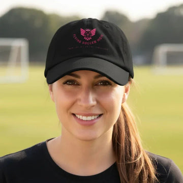 Soccer Mom wearing a black Soccer Mom Hat on a soccer field background
