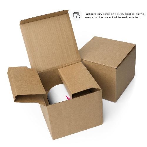 Brown cardboard box with a white soccer Mom mug on a white background