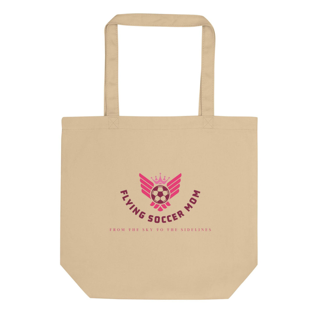 Soccer mom holding a soccer mom tote bag with a logo on a soccer field