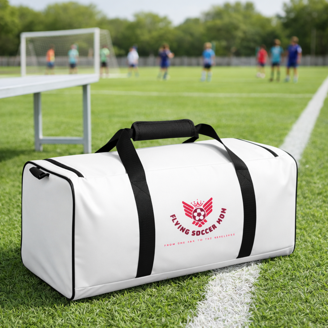 Soccer Mom Duffel Bag on the soccer field