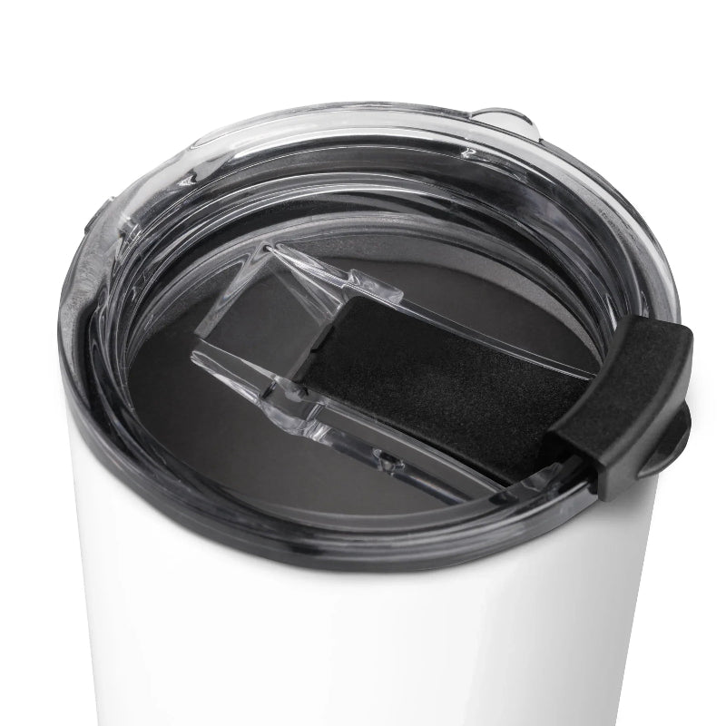 soccer mom tumbler close up with a clear lid and black grip on a white background