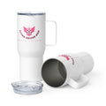 Soccer mom stainless steel tumbler with handle in white with pink design, ideal for on-the-go hydration.