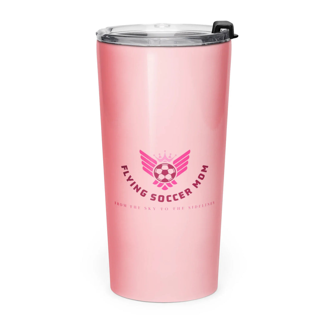 Black tumbler with pink 'Flying Soccer Mom' logo on a white background
